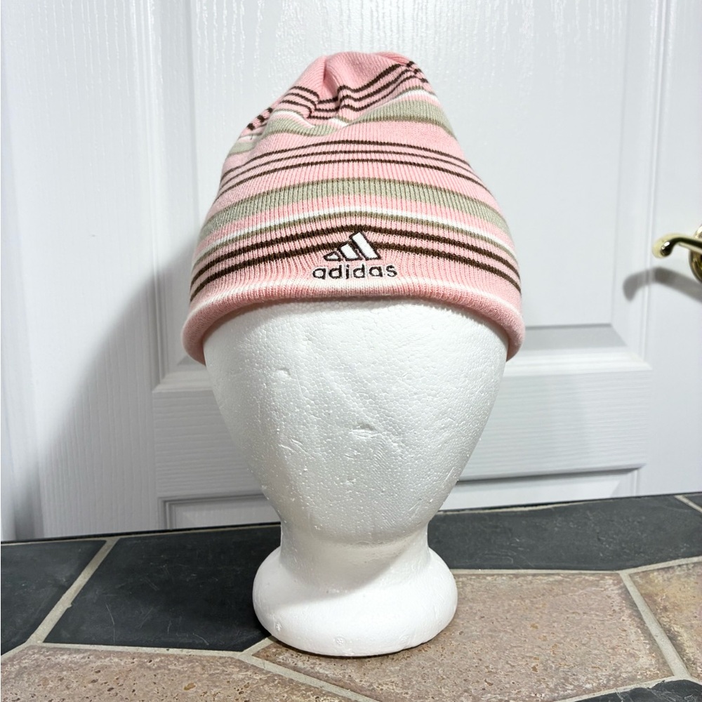 Y2K Adidas Reversible ClimaWarm Beanie Pink Brown White Stripes - Picture 2 of 13